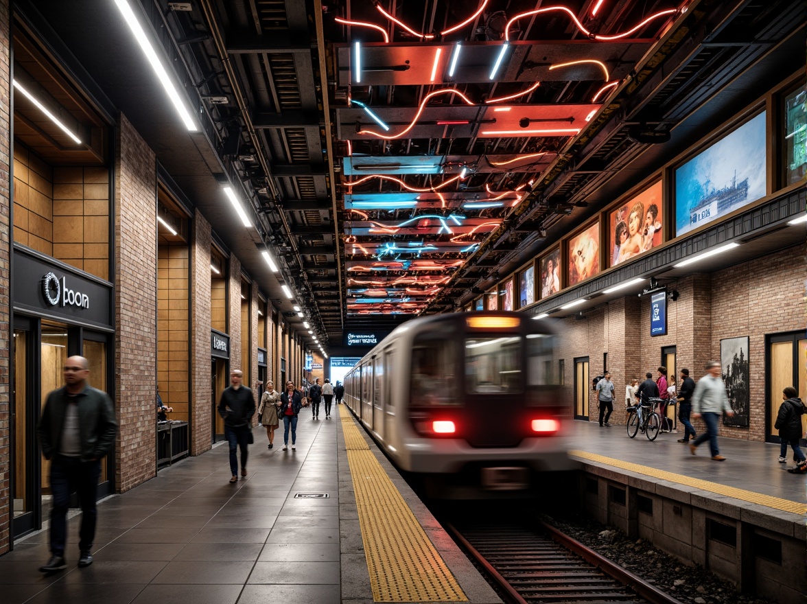 Prompt: Vibrant metro station, eclectic architecture, mixed materials, industrial chic, exposed brick walls, metallic beams, reclaimed wood accents, neon light installations, urban art murals, bustling city atmosphere, rush hour crowds, modern transportation hubs, sleek train cars, dynamic lighting effects, shallow depth of field, 1/2 composition, low-angle shot, realistic textures, ambient occlusion.