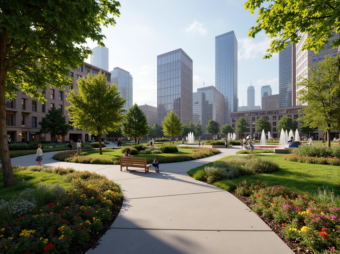 Prompt: Urban park, lush greenery, vibrant flowers, walking paths, benches, streetlights, modern sculptures, water features, fountains, city skyline, high-rise buildings, glass towers, bustling streets, urban soundscape, warm afternoon light, shallow depth of field, 2/3 composition, realistic textures, ambient occlusion.