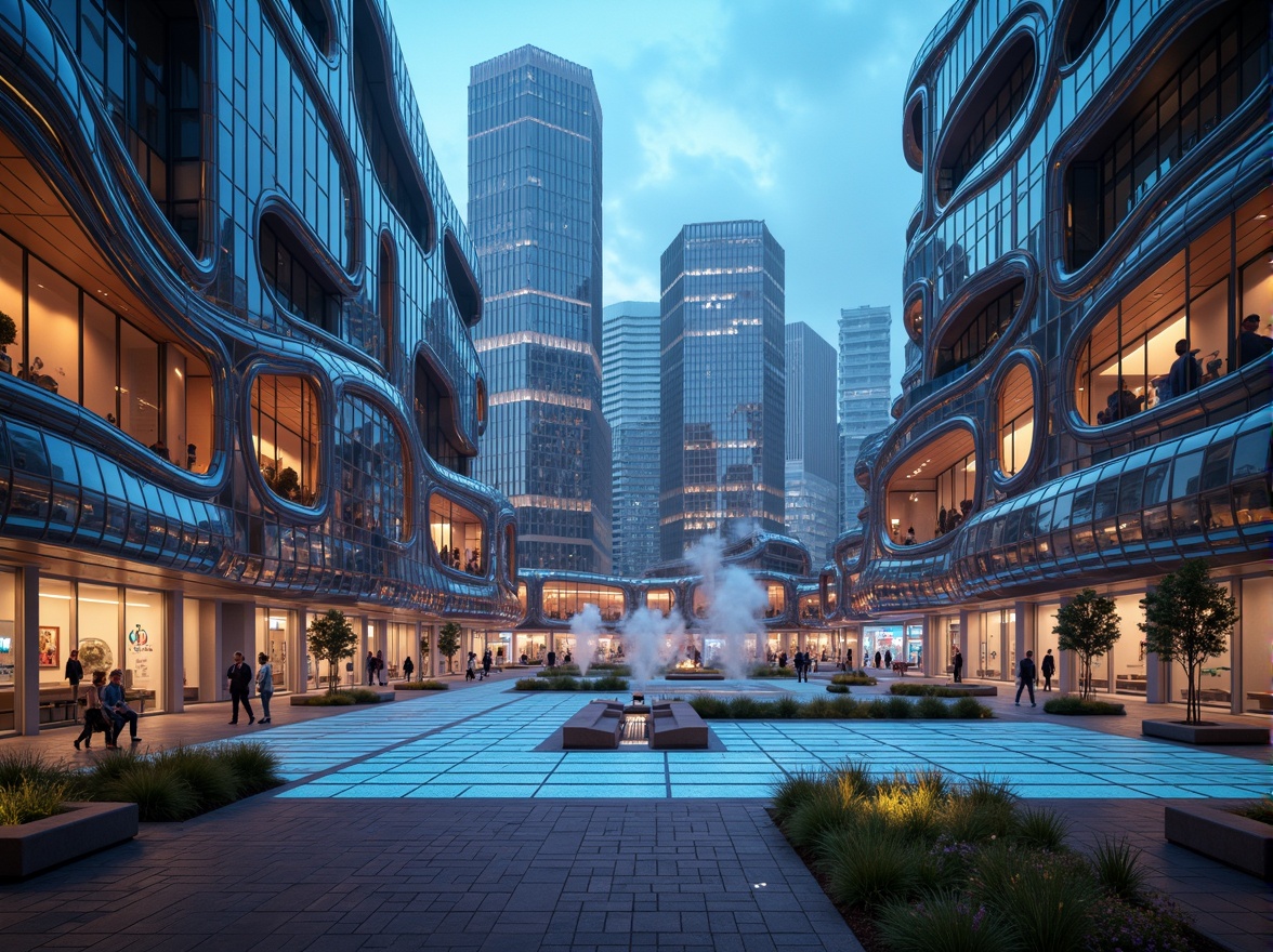 Prompt: Organic blob-shaped buildings, iridescent glass facades, shimmering metal panels, undulating curves, futuristic architecture, neon-lit accents, glowing LED lights, translucent canopies, misty atmospheric effects, soft focus blur, 1/1 composition, symmetrical framing, vibrant color grading, high-contrast textures, ambient occlusion.