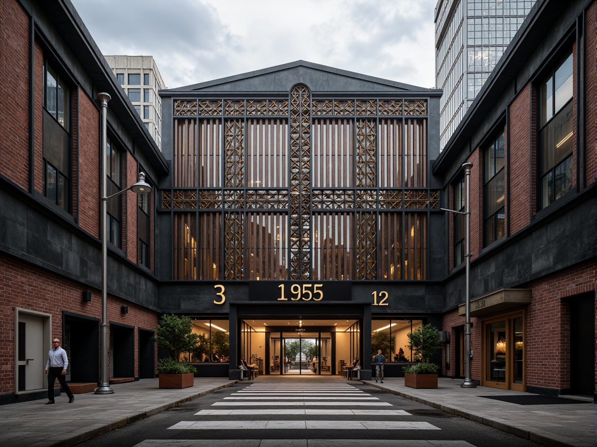 Prompt: Industrial factory building, Art Deco facade, geometric metal patterns, ornate decorations, bold typography, vintage machinery, exposed brick walls, steel beams, polished concrete floors, industrial lighting fixtures, metallic accents, distressed finishes, urban cityscape, cloudy day, dramatic shadows, high contrast, 1/2 composition, symmetrical framing, realistic textures, ambient occlusion.