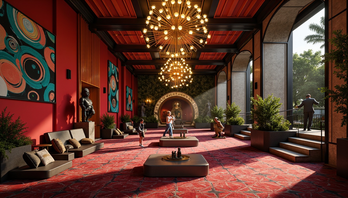 Prompt: Vibrant hotel lobby, bold geometric patterns, rich jewel-toned colors, luxurious velvet fabrics, ornate metal fixtures, grand chandeliers, sweeping staircases, dramatic archways, eclectic artwork, abstract sculptures, lavish furnishings, plush area rugs, warm golden lighting, cinematic shadows, 1/1 composition, low-angle shot, atmospheric misting, opulent materials, avant-garde decor.