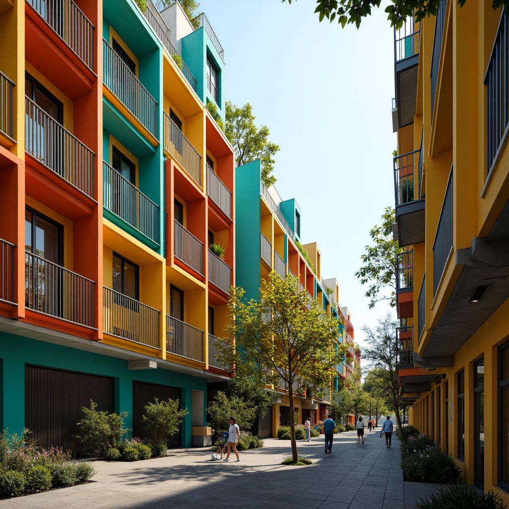 Prompt: Vibrant social housing complex, warm earthy tones, rich turquoise accents, bold yellow highlights, soft creamy whites, industrial metal frames, exposed concrete walls, modern minimalist architecture, urban cityscape backdrop, bustling community atmosphere, natural light pouring in, shallow depth of field, 1/1 composition, cinematic color grading, realistic textures, ambient occlusion.