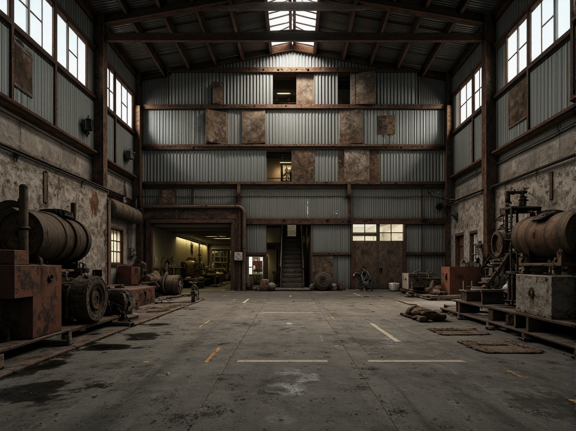 Prompt: Rustic industrial setting, corrugated metal walls, weathered steel surfaces, distressed finishes, metallic sheen, rough textures, bolted joints, mechanical details, urban decay, abandoned factories, worn concrete floors, dimly lit atmosphere, high contrast lighting, dramatic shadows, 1/1 composition, realistic reflections, ambient occlusion.