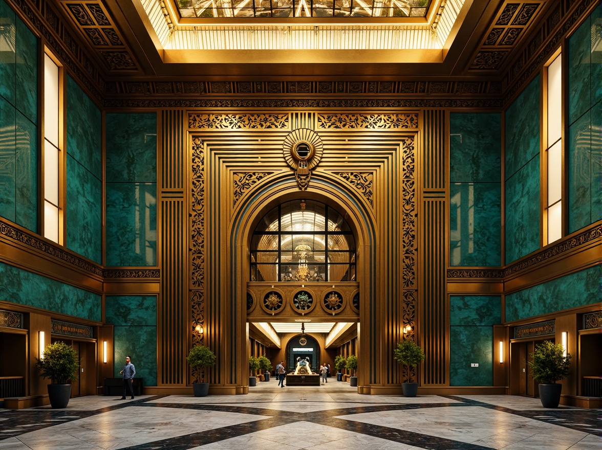 Prompt: Opulent Art Deco monument, lavish golden accents, rich bronze tones, vibrant turquoise mosaics, geometric patterns, ornate metalwork, luxurious marble surfaces, bold black outlines, stylized floral motifs, sunburst designs, zigzag patterns, metallic sheen, warm ambient lighting, shallow depth of field, 1/1 composition, symmetrical framing, high-contrast colors, intricate textures, realistic reflections.