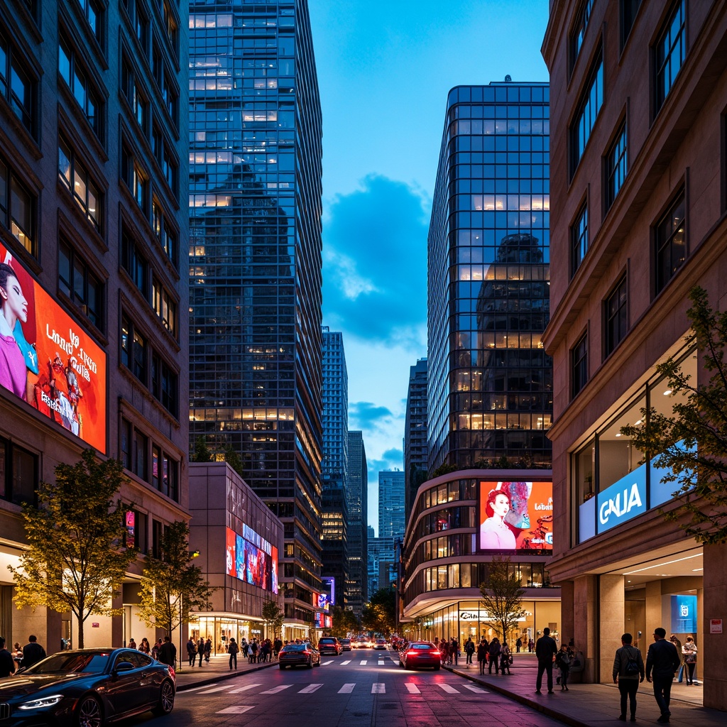 Prompt: Vibrant cityscape, modern skyscrapers, sleek glass facades, neon lights, urban jungle, bustling streets, eclectic mix of architectural styles, bold color blocking, contrasting textures, metallic accents, LED installations, futuristic ambiance, dynamic lighting effects, 1/1 composition, high-contrast colors, deep blues, fiery oranges, electric yellows, rich purples, luxurious golds, matte finishes, reflective surfaces, ambient occlusion.