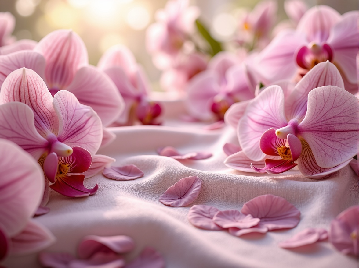 Prompt: Exquisite orchid-inspired color palette, soft pastel hues, delicate petals, subtle sheen, luxurious fabrics, velvety textures, whimsical patterns, elegant florals, refined lines, sophisticated ambiance, warm golden lighting, shallow depth of field, 1/1 composition, realistic renderings, ambient occlusion.