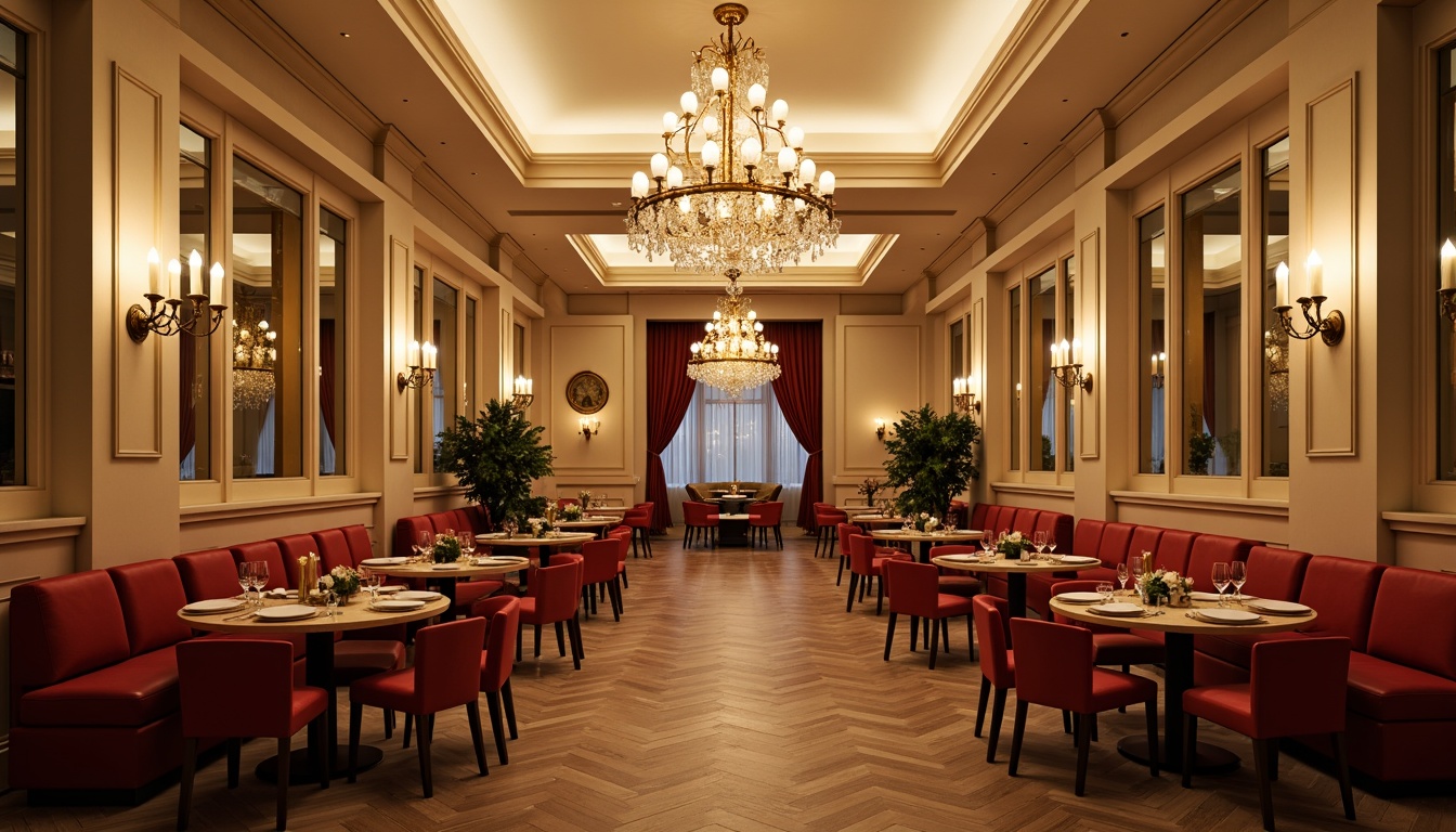 Prompt: Elegant dining hall, luxurious chandeliers, rich wood tones, warm beige walls, soft cream accents, velvety red upholstery, golden metal fixtures, sophisticated neutral colors, intimate candlelight, dramatic high ceilings, ornate mirrors, lavish furnishings, opulent fabrics, refined atmosphere, warm inviting ambiance, shallow depth of field, 1/1 composition, realistic textures, ambient occlusion.