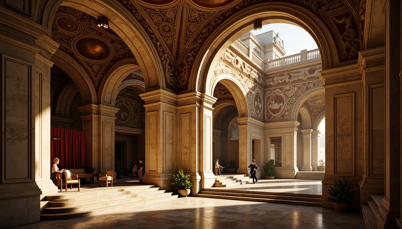 Prompt: Grandiose arches, ornate carvings, gilded details, lavish decorations, sweeping curves, dramatic lighting, opulent materials, marble columns, intricate frescoes, vaulted ceilings, grand staircases, majestic entranceways, symmetrical compositions, warm golden tones, soft chiaroscuro, high contrast ratios, 1/2 composition, atmospheric perspective, realistic textures, ambient occlusion.