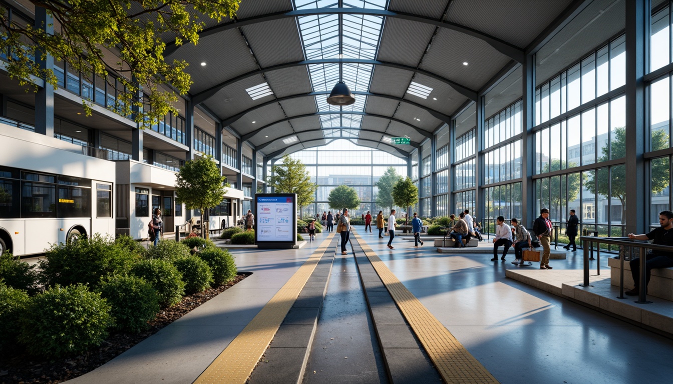 Prompt: Modern bus station interior, sleek metal framework, glass roofs, natural light pouring in, efficient passenger flow, clear signage, digital displays, comfortable seating areas, ample legroom, charging stations, minimalist decor, industrial-style flooring, urban atmosphere, busy morning commute, soft overhead lighting, shallow depth of field, 1/1 composition, realistic textures, ambient occlusion.