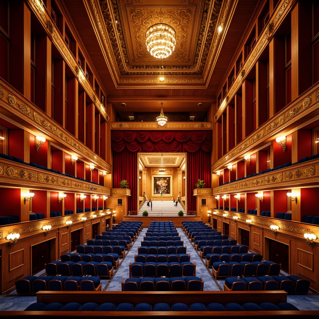 Prompt: Vibrant concert hall, rich wood tones, warm golden lighting, bold red accents, deep blue seats, polished metal fixtures, luxurious velvet curtains, ornate chandeliers, grand staircase, opulent balconies, lavish box seats, dramatic spotlights, soft warm glow, shallow depth of field, 1/1 composition, realistic textures, ambient occlusion.