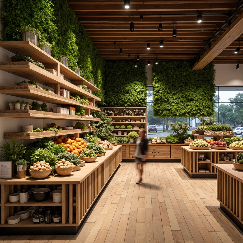 Prompt: Eco-friendly grocery store interior, reclaimed wood shelving, bamboo flooring, natural stone countertops, energy-efficient LED lighting, living green walls, organic produce displays, recycled metal accents, minimalist decor, earthy color palette, warm ambient lighting, shallow depth of field, 1/1 composition, realistic textures, ambient occlusion.