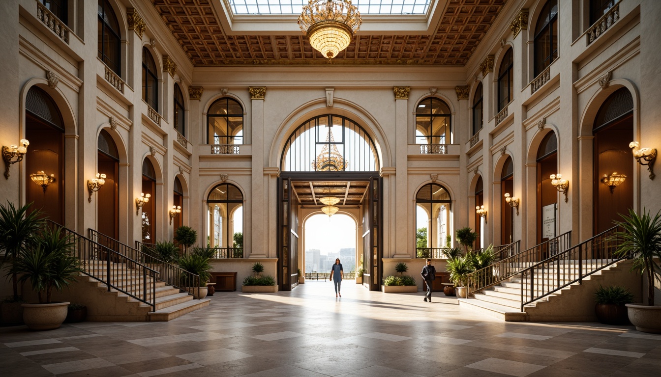 Prompt: Grandiose stadium facade, classical columns, ornate arches, majestic entrance gates, symmetrical composition, limestone walls, marble accents, golden details, regal balconies, sweeping staircases, grand atrium, high ceilings, natural stone flooring, elegant chandeliers, soft warm lighting, shallow depth of field, 1/1 composition, panoramic view, realistic textures, ambient occlusion.