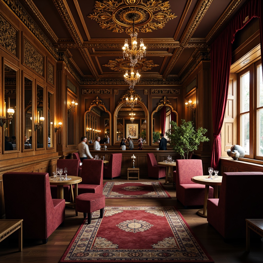 Prompt: Intricate pub interior, ornate Baroque details, gilded moldings, carved wooden panels, luxurious velvet drapes, crystal chandeliers, ornamental mirrors, richly patterned rugs, lavish furnishings, golden accents, warm candlelight, soft focus, shallow depth of field, 1/2 composition, atmospheric perspective, realistic textures, ambient occlusion.