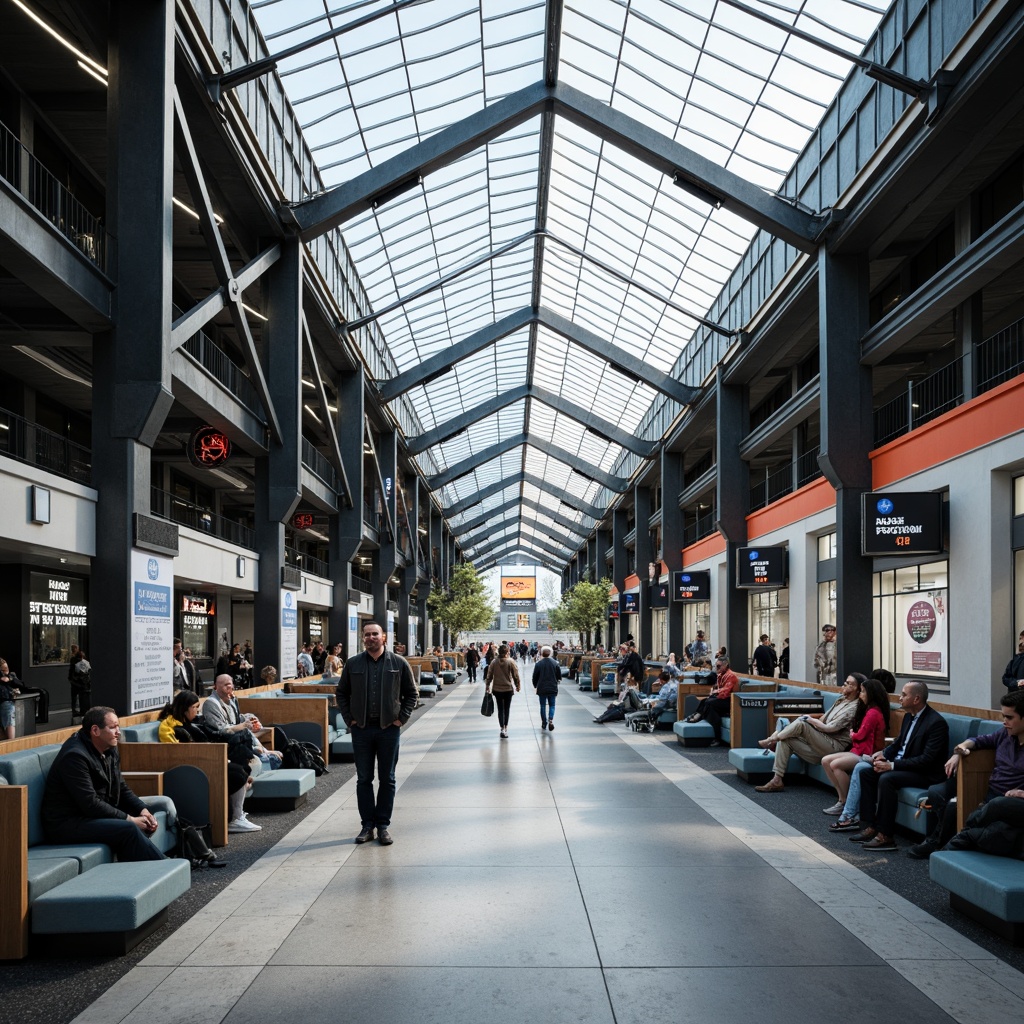 Prompt: Modern bus station interior, sleek metal framework, glass roofs, natural light pouring in, efficient passenger flow, clear signage, digital displays, comfortable seating areas, ample legroom, charging stations, minimalist decor, industrial-style flooring, urban atmosphere, busy morning commute, soft overhead lighting, shallow depth of field, 1/1 composition, realistic textures, ambient occlusion.