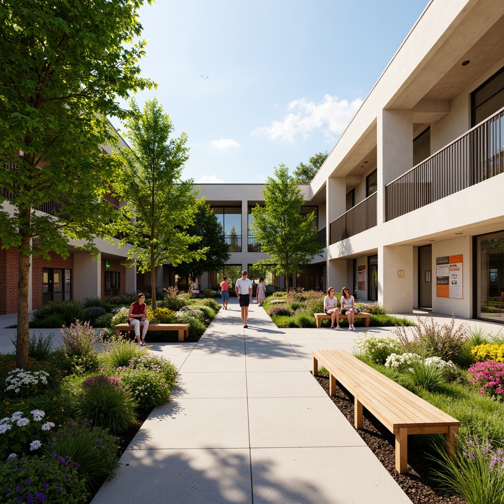 Prompt: Vibrant community center courtyard, lush greenery, blooming flowers, meandering walkways, natural stone seating areas, wooden benches, educational signage, modern architecture, large windows, glass doors, sunny day, soft warm lighting, shallow depth of field, 3/4 composition, panoramic view, realistic textures, ambient occlusion, community gardens, raised planters, outdoor classrooms, public art installations, interactive water features, children's play areas, accessible ramps, sustainable irrigation systems, eco-friendly materials, innovative stormwater management.