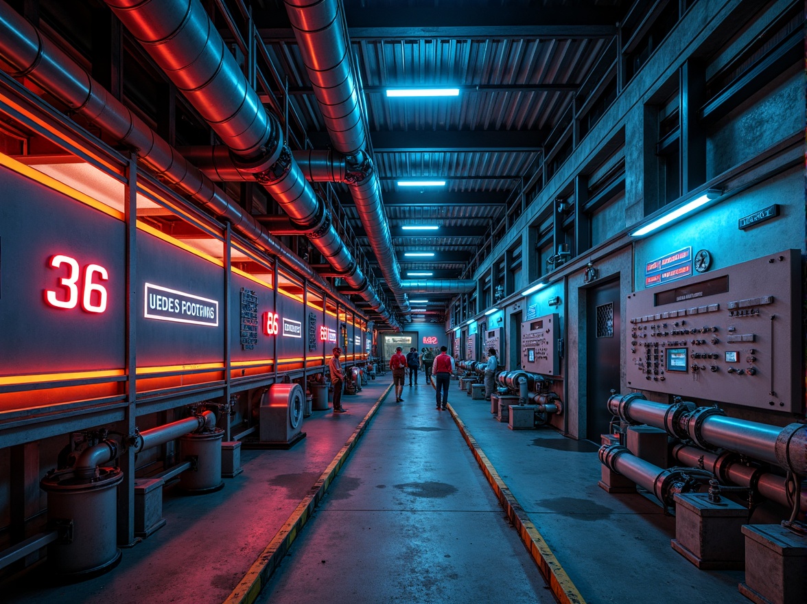 Prompt: Industrial energy plant, metallic structures, steel beams, pipes and valves, concrete foundations, functional machinery, neon-lit control rooms, warning signs, safety helmets, reflective vests, high-visibility colors, bold typography, dynamic lighting, dramatic shadows, 1/2 composition, cinematic atmosphere, realistic textures, ambient occlusion.