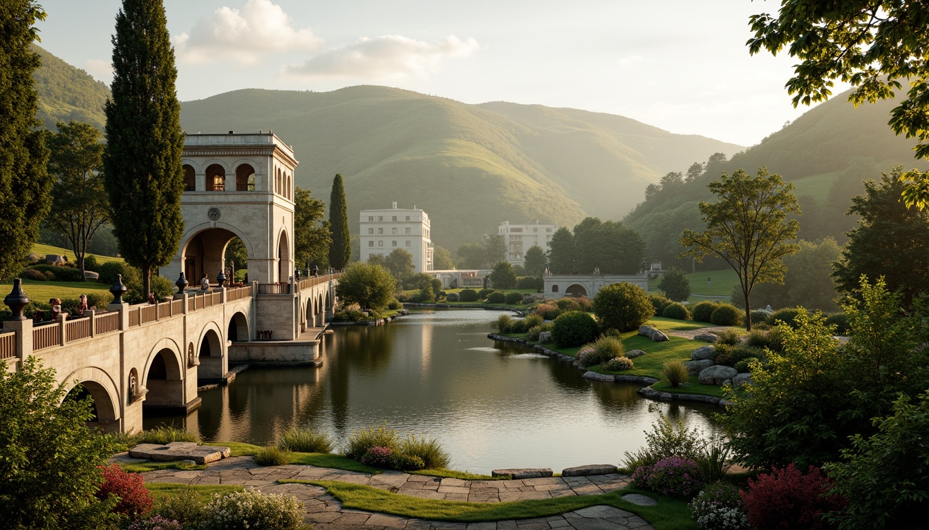 Prompt: Rolling hills, serene lakeside, lush greenery, majestic Baroque-style bridges, ornate stone carvings, grand arches, sweeping curves, rustic wooden railings, meandering waterways, tranquil atmosphere, warm golden lighting, soft misty effects, 1/1 composition, symmetrical framing, realistic textures, ambient occlusion, vibrant floral arrangements, natural stone pathways, moss-covered banks, gentle water ripples, peaceful ambiance.