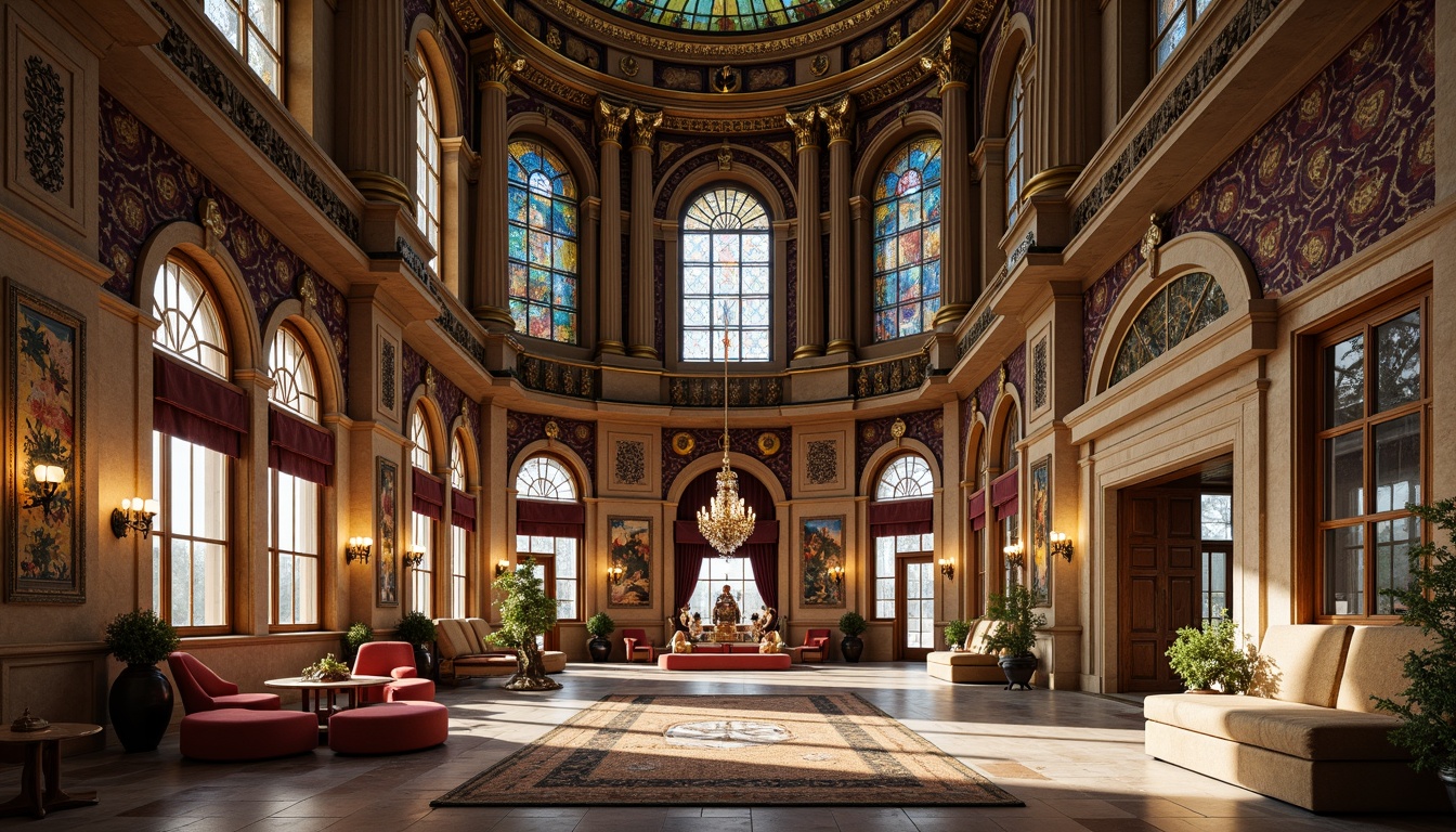 Prompt: Intricate stone carvings, ornate arches, grand domes, vibrant mosaics, golden accents, rich tapestries, luxurious furnishings, ornamental lanterns, majestic columns, marble floors, high ceilings, stained glass windows, warm candlelight, soft shadows, 1/1 composition, symmetrical framing, realistic textures, ambient occlusion.