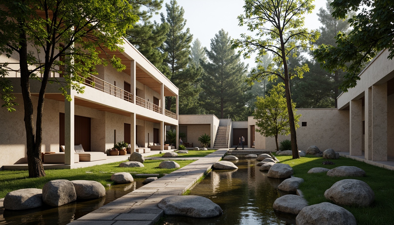 Prompt: Soothing monastery, serene natural surroundings, gentle stream, rustic stone walls, modern minimalist architecture, clean lines, simple forms, earthy color palette, moss green, weathered wood, soft beige, creamy white, subtle texture, ambient lighting, warm glow, shallow depth of field, 1/1 composition, realistic rendering, atmospheric perspective.