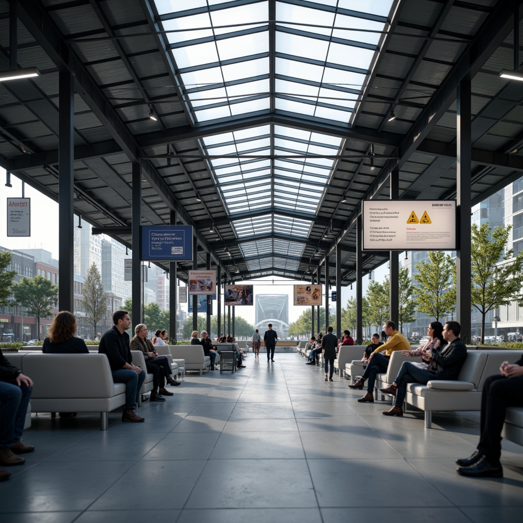 Prompt: Modern bus station interior, sleek metal framework, glass roofs, natural light pouring in, efficient passenger flow, clear signage, digital displays, comfortable seating areas, ample legroom, charging stations, minimalist decor, industrial-style flooring, urban atmosphere, busy morning commute, soft overhead lighting, shallow depth of field, 1/1 composition, realistic textures, ambient occlusion.