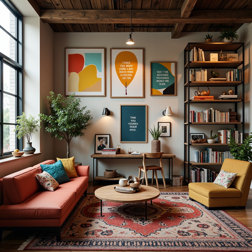 Prompt: Vibrant artistic studio, eclectic furniture, bold color blocks, abstract artwork, inspirational quotes, natural wood accents, industrial metal shelves, cozy reading nook, warm task lighting, rich textiles, bohemian patterns, earthy tones, pastel hues, metallic finishes, soft brushstrokes, whimsical illustrations, 3D geometric shapes, atmospheric mist, shallow depth of field, 1/1 composition, realistic textures, ambient occlusion.