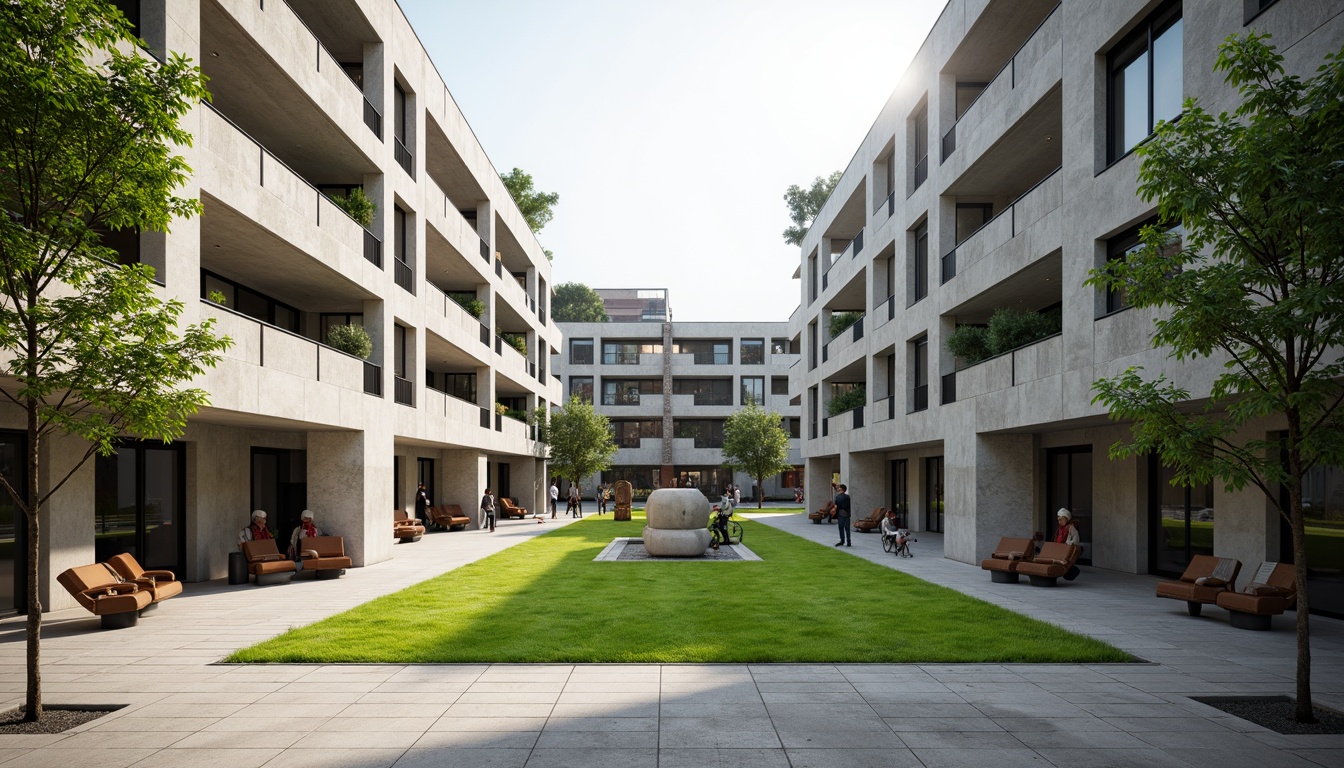 Prompt: Rugged concrete buildings, brutalist architecture, open plazas, sprawling green lawns, abstract sculptures, modern art installations, industrial-style benches, exposed ductwork, raw concrete textures, dramatic shading, harsh overhead lighting, 1/1 composition, symmetrical framing, bold color accents, urban landscape, educational signage, pedestrian walkways, bike racks, minimalist landscaping, functional water features, angular staircases, cantilevered structures.