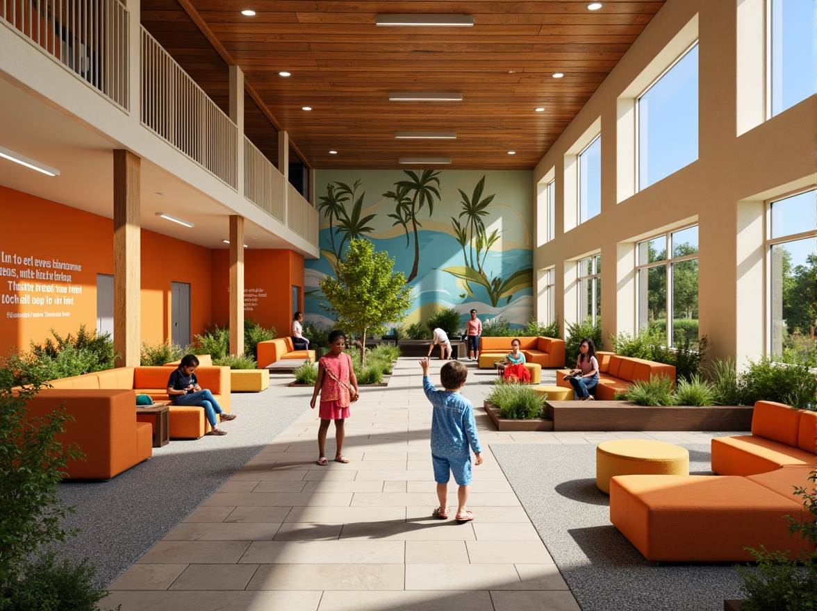 Prompt: Vibrant community center, warm beige walls, rich wood accents, energetic orange furniture, calming blue-green murals, natural stone flooring, abundant greenery, soft warm lighting, cozy reading nooks, flexible modular seating, collaborative workspaces, inspirational quotes, playful kid-friendly zones, accessible ramps, inclusive universal design, harmonious color balance, 1/1 composition, realistic textures, ambient occlusion.