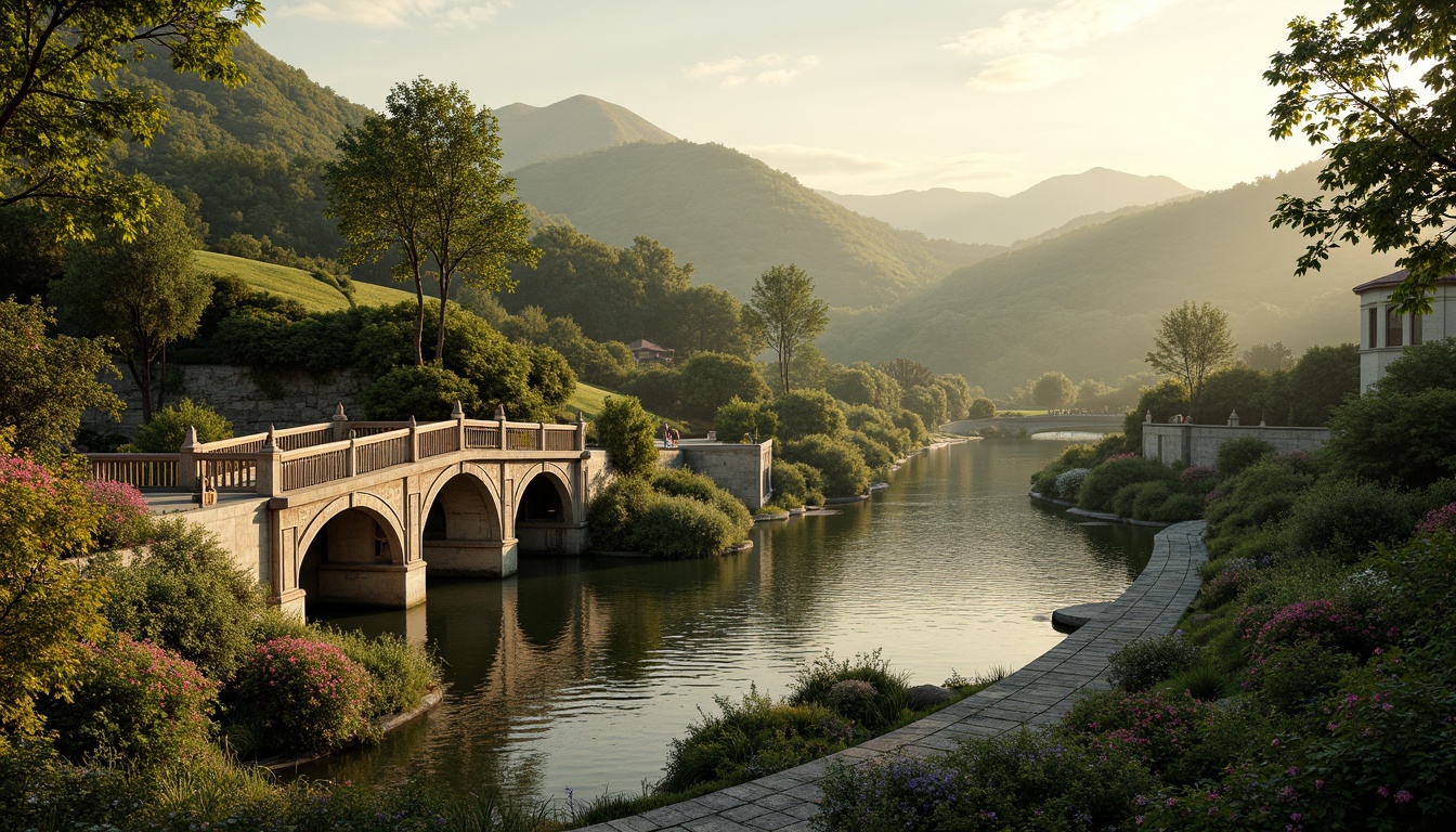 Prompt: Rolling hills, serene lakeside, lush greenery, majestic Baroque-style bridges, ornate stone carvings, grand arches, sweeping curves, rustic wooden railings, meandering waterways, tranquil atmosphere, warm golden lighting, soft misty effects, 1/1 composition, symmetrical framing, realistic textures, ambient occlusion, vibrant floral arrangements, natural stone pathways, moss-covered banks, gentle water ripples, peaceful ambiance.