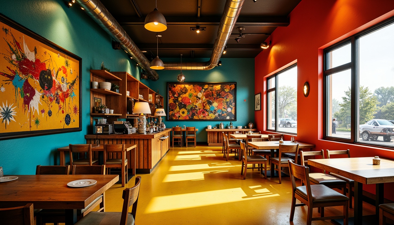 Prompt: Vibrant restaurant interior, expressionist art style, bold color palette, warm golden lighting, rich wood accents, eclectic furniture, abstract artwork, geometric patterns, bright coral walls, deep turquoise ceilings, sunny yellow floors, distressed metal decorations, reclaimed wood textures, industrial chic atmosphere, dramatic shadows, high contrast ratio, 1/2 composition, cinematic lighting, realistic reflections.