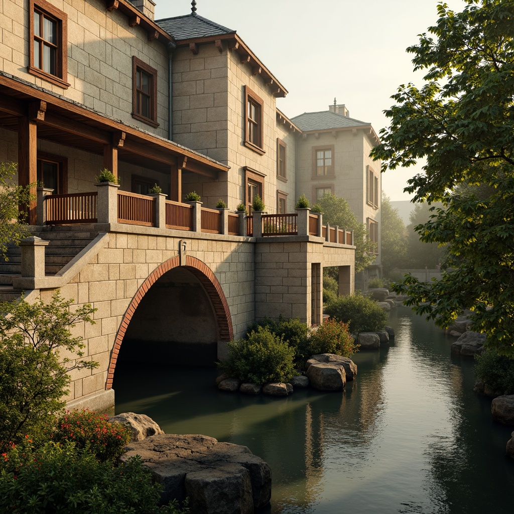 Prompt: Rustic stone bridges, ornate balustrades, weathered wooden railings, warm beige stonework, earthy red brick arches, moss-covered piers, soft golden lighting, misty atmospheric effects, serene river waters, lush greenery, vibrant floral arrangements, intricate carvings, classical architectural details, subtle texture overlays, realistic stone normal maps, cinematic camera angles, 1/2 composition, warm color grading.