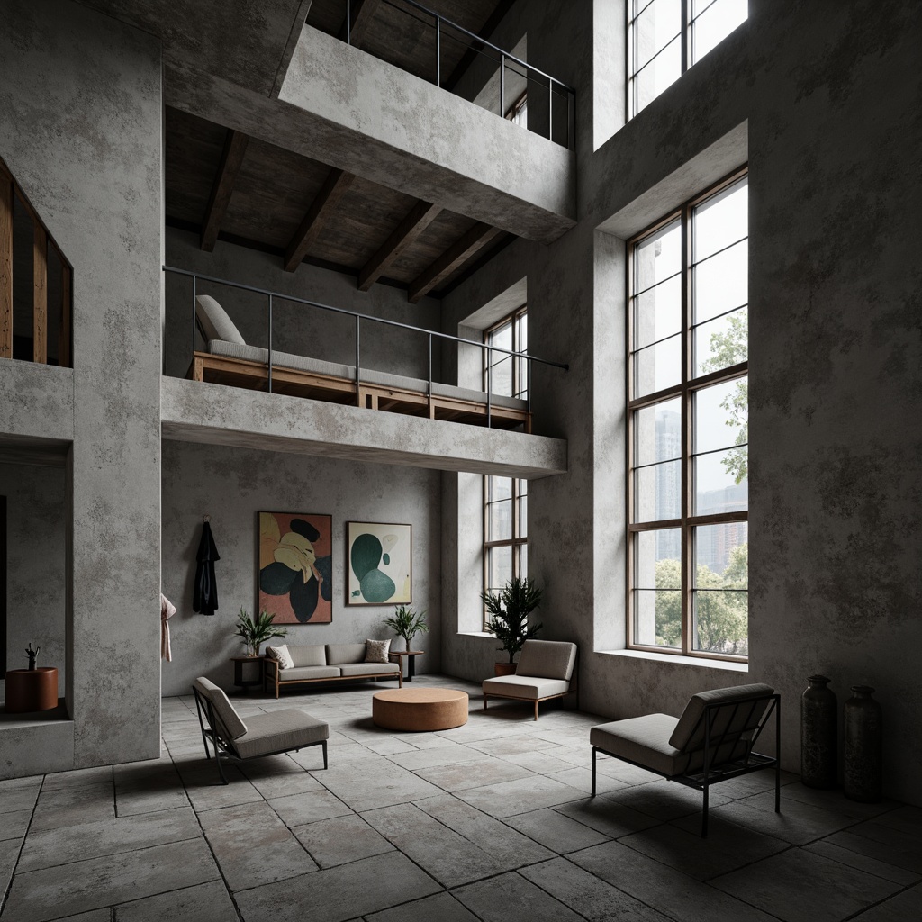 Prompt: Exposed concrete walls, rough stone floors, industrial metal beams, reclaimed wood accents, brutalist architecture, urban loft atmosphere, minimalist decor, monochromatic color scheme, dramatic shadows, high-contrast lighting, abstract art pieces, geometric patterns, raw unfinished textures, distressed finishes, edgy modern furniture, low-poly 3D models, cinematic camera angles, atmospheric fog effects, gritty realistic rendering.