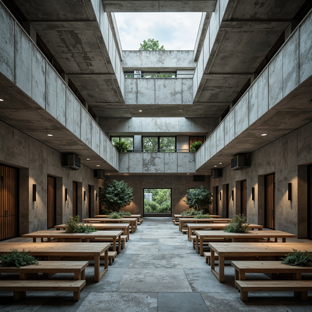 Prompt: Rugged brutalist school building, raw concrete walls, industrial metal beams, exposed ductwork, minimalist decor, functional architecture, earthy tone color palette, muted grays, weathered browns, industrial blues, worn wood accents, distressed textures, urban landscape, overcast skies, dramatic shadows, high contrast lighting, 1/1 composition, symmetrical framing, realistic renderings, ambient occlusion.