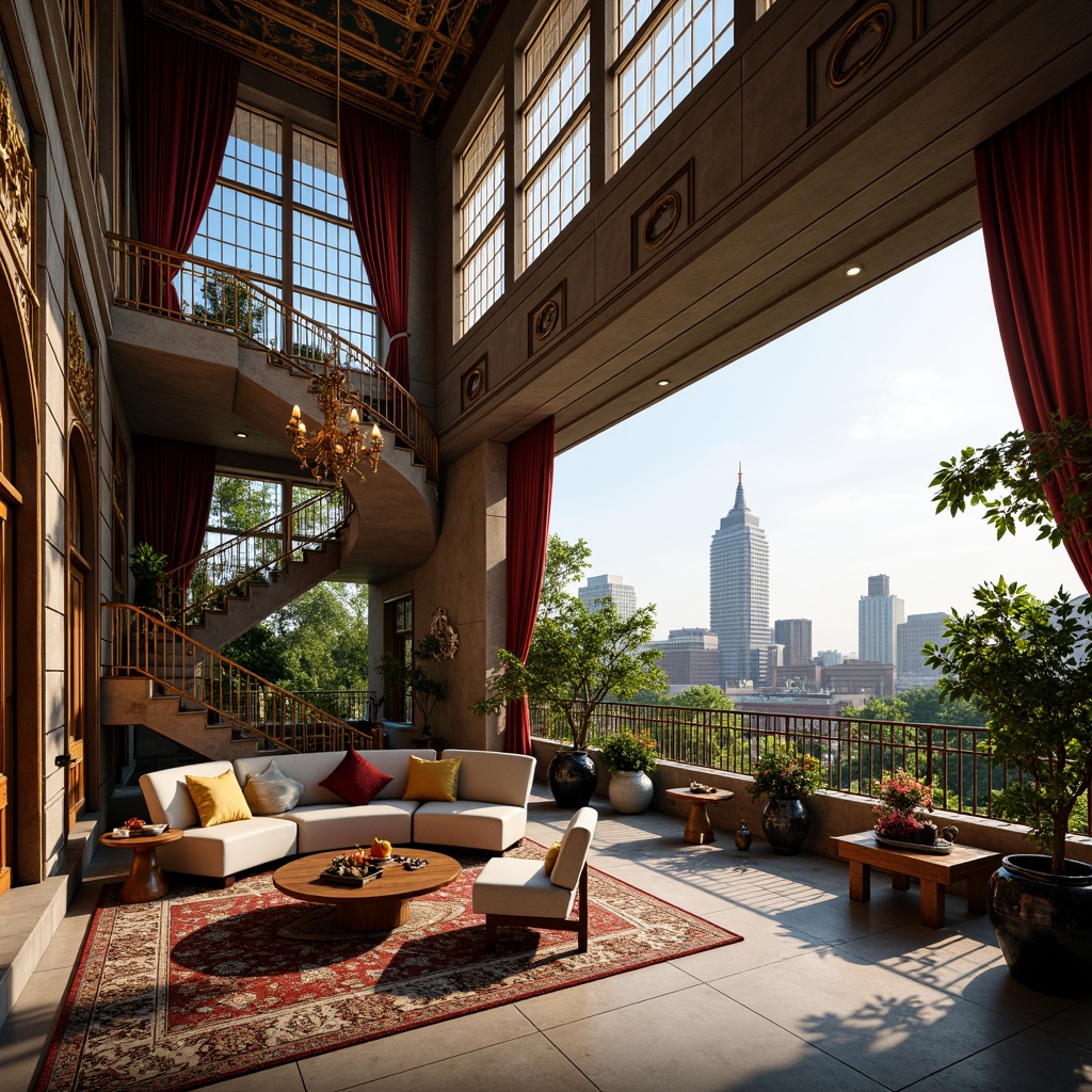 Prompt: Luxurious penthouse, Art Nouveau style, ornate metalwork, flowing organic lines, sinuous curves, grand staircase, intricate mosaics, stained glass windows, lavish furnishings, velvet drapes, marble floors, gilded accents, crystal chandeliers, panoramic city views, rooftop garden, lush greenery, vibrant flowers, soft warm lighting, shallow depth of field, 1/1 composition, realistic textures, ambient occlusion.