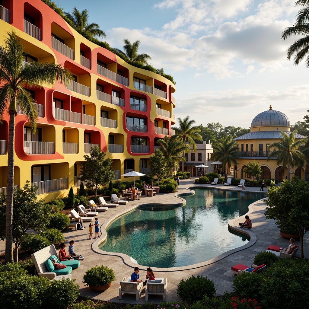 Prompt: Vibrant hotel facade, undulating curves, bold color blocking, abstract patterns, eclectic furniture, whimsical lighting fixtures, lush green roofs, meandering walkways, organic-shaped pools, tropical plants, exotic flowers, warm sunny day, dramatic cloud formations, cinematic composition, high contrast lighting, vivid textures, stylized reflections, artistic freedom, expressive brushstrokes.