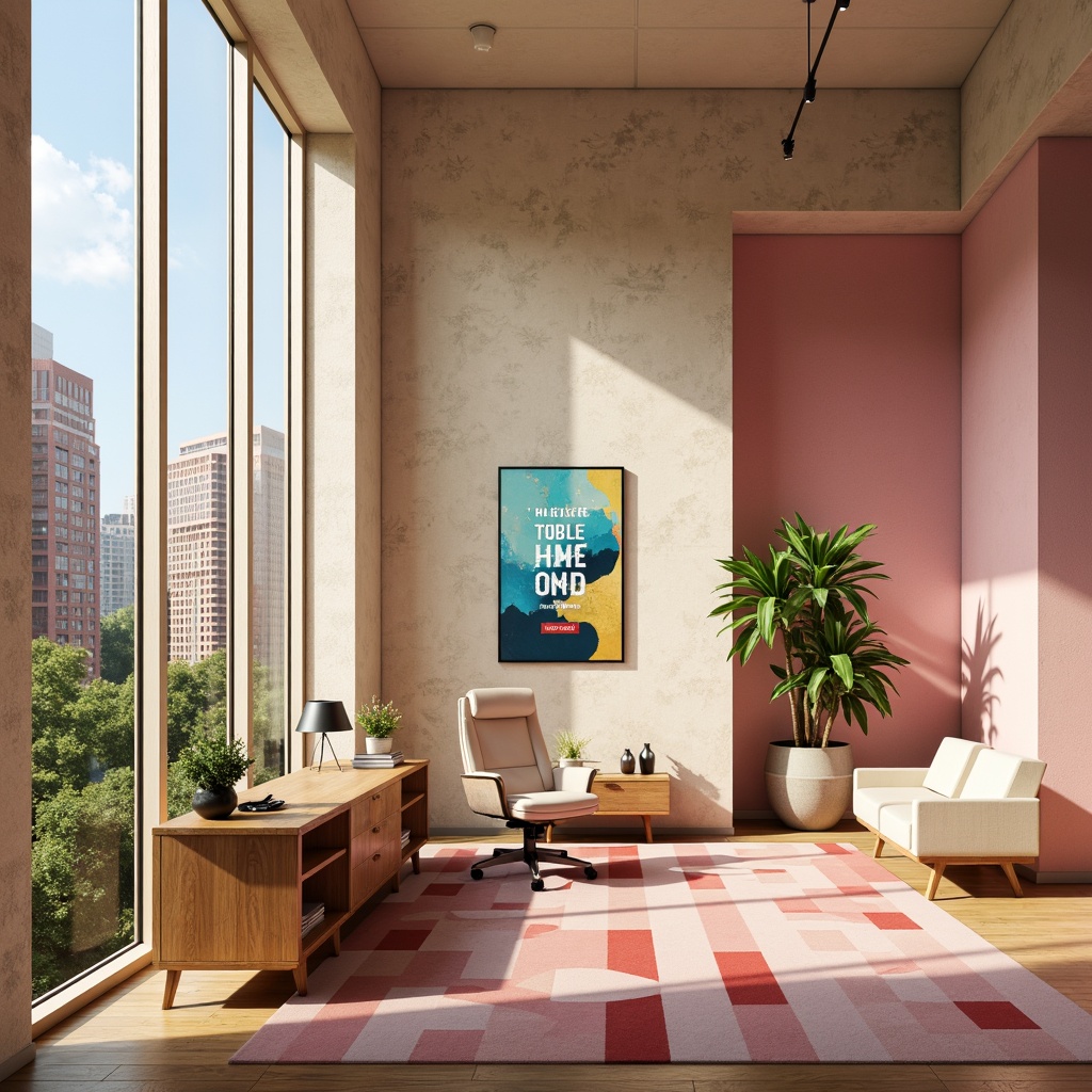 Prompt: Vibrant design studio, modern minimalist interior, sleek wooden desk, ergonomic chair, colorful artwork, inspirational quotes, natural light pouring in, large windows, urban cityscape view, warm beige walls, rich brown furniture, pastel pink accents, creamy white textures, bold typography, geometric patterns, subtle gradient effects, soft focus, shallow depth of field, 1/1 composition, realistic rendering, ambient occlusion.