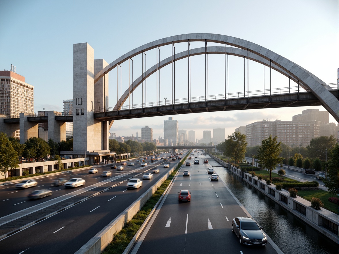 Prompt: Futuristic bridge design, sleek metal arches, durable steel cables, reinforced concrete pillars, weathered stone foundations, modern suspension systems, vibrant LED lighting, misty atmospheric effects, shallow depth of field, 3/4 composition, panoramic view, realistic textures, ambient occlusion, urban cityscape, busy highway traffic, sunny day, soft warm lighting.