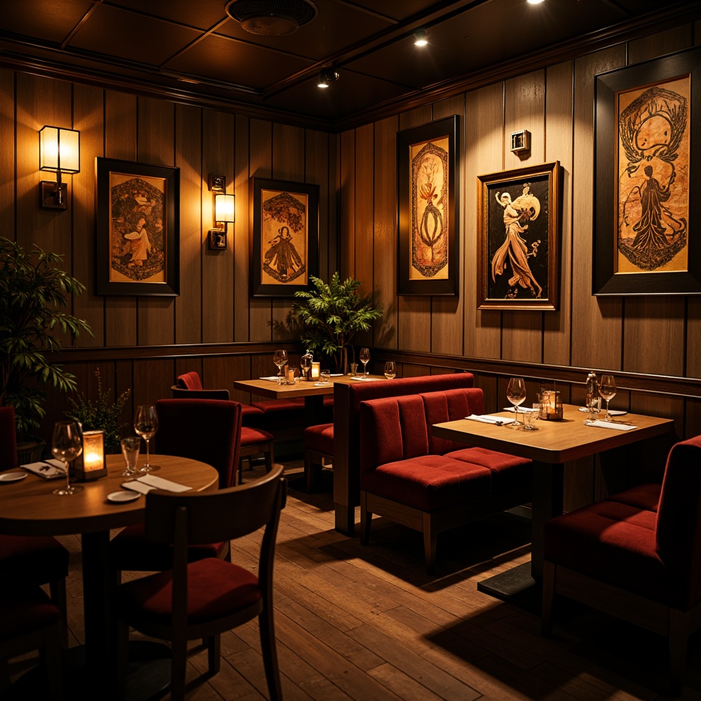 Prompt: Moody restaurant interior, warm golden lighting, soft shadows, dramatic spotlights, rich wood tones, luxurious velvet fabrics, ornate metal fixtures, eclectic art pieces, vintage decorative items, distressed textures, warm color palette, intimate ambiance, low-key illumination, cinematic atmosphere, 1/2 composition, shallow depth of field, realistic reflections, ambient occlusion.