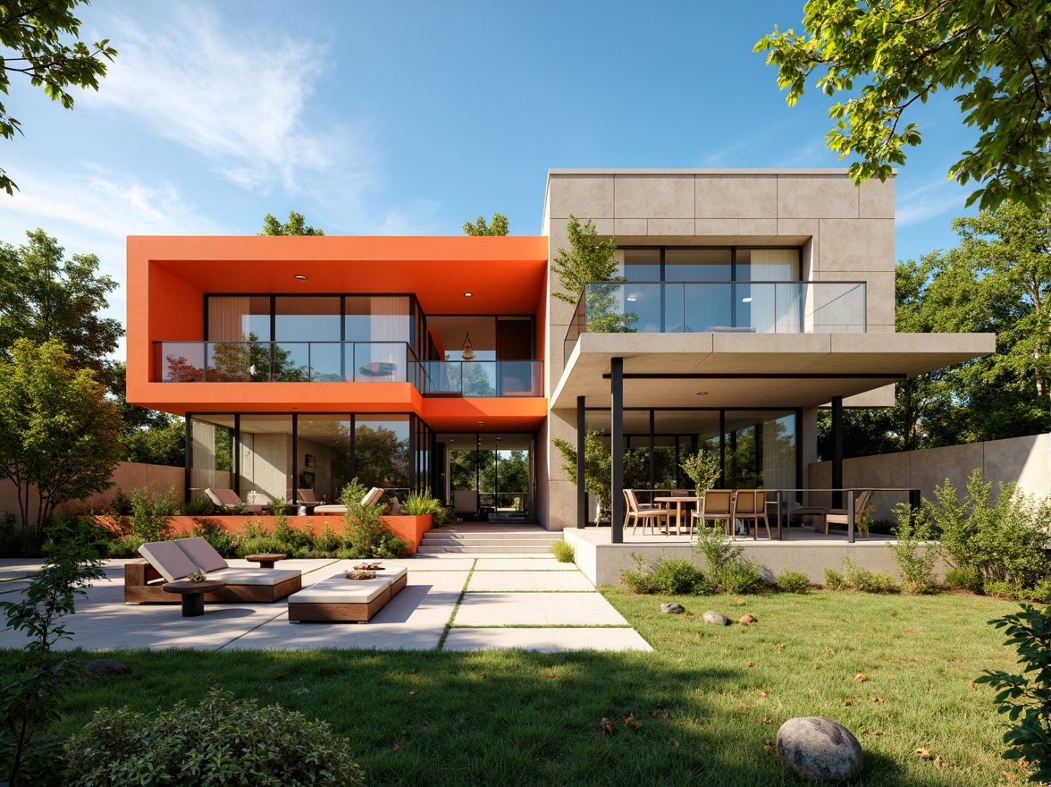 Prompt: Vibrant Bauhaus villa, geometric shapes, bold color blocks, primary colors, industrial materials, exposed concrete walls, steel beams, minimalist decor, functional furniture, abundant natural light, floor-to-ceiling windows, sliding glass doors, lush greenery surroundings, modernist landscape design, warm sunny day, high contrast lighting, shallow depth of field, 1/1 composition, realistic textures, ambient occlusion.