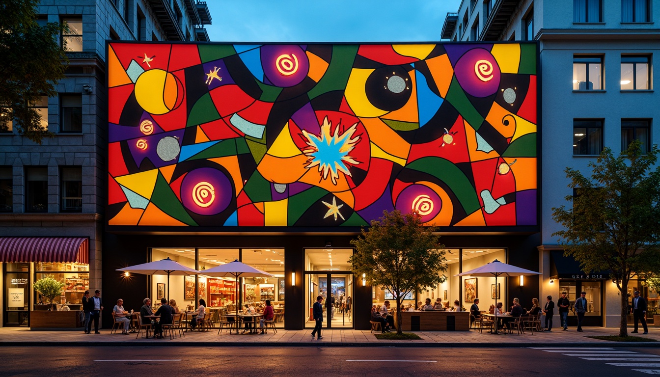 Prompt: Vibrant restaurant facade, expressionist architecture, bold geometric shapes, bright primary colors, abstract patterns, irregular forms, dynamic lighting effects, neon signs, metallic accents, industrial materials, exposed ductwork, urban cityscape, bustling streets, evening atmosphere, warm golden lighting, shallow depth of field, 1/1 composition, dramatic shadows, high-contrast textures.