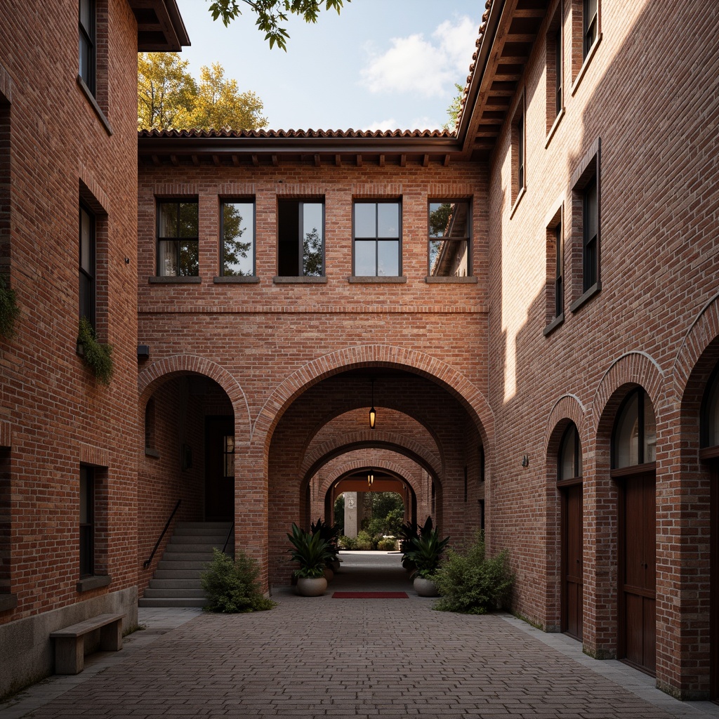 Prompt: Rustic brick buildings, exposed brick walls, ornate brick arches, textured brick surfaces, earthy color palette, traditional architectural style, classic brick patterns, symmetrical facades, grand entranceways, decorative cornices, ornamental stonework, warm ambient lighting, shallow depth of field, 1/1 composition, realistic textures, ambient occlusion.