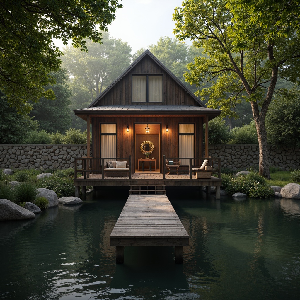 Prompt: Rustic boathouse, wooden dock, serene lakefront, lush greenery, overhanging trees, natural stone walls, weathered wood accents, nautical ropes, lantern-style lighting, warm golden tones, soft misty atmosphere, shallow depth of field, 1/1 composition, symmetrical framing, realistic water reflections, ambient occlusion.