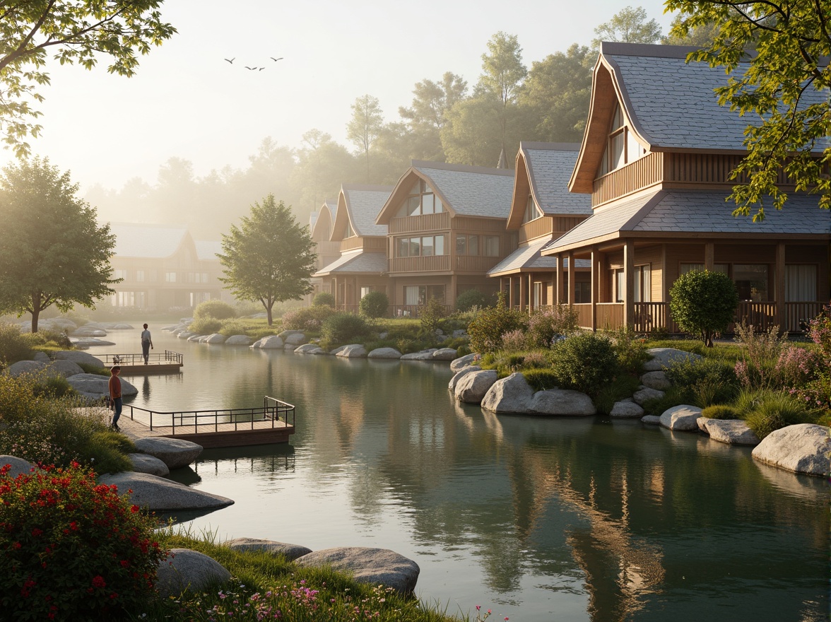 Prompt: Rustic lakefront buildings, whimsical turrets, ornate balconies, curved lines, soft pastel colors, water-inspired motifs, natural stone foundations, wooden docks, lush greenery, vibrant flowers, misty morning atmosphere, warm golden lighting, shallow depth of field, 1/2 composition, intimate view, realistic textures, ambient occlusion.