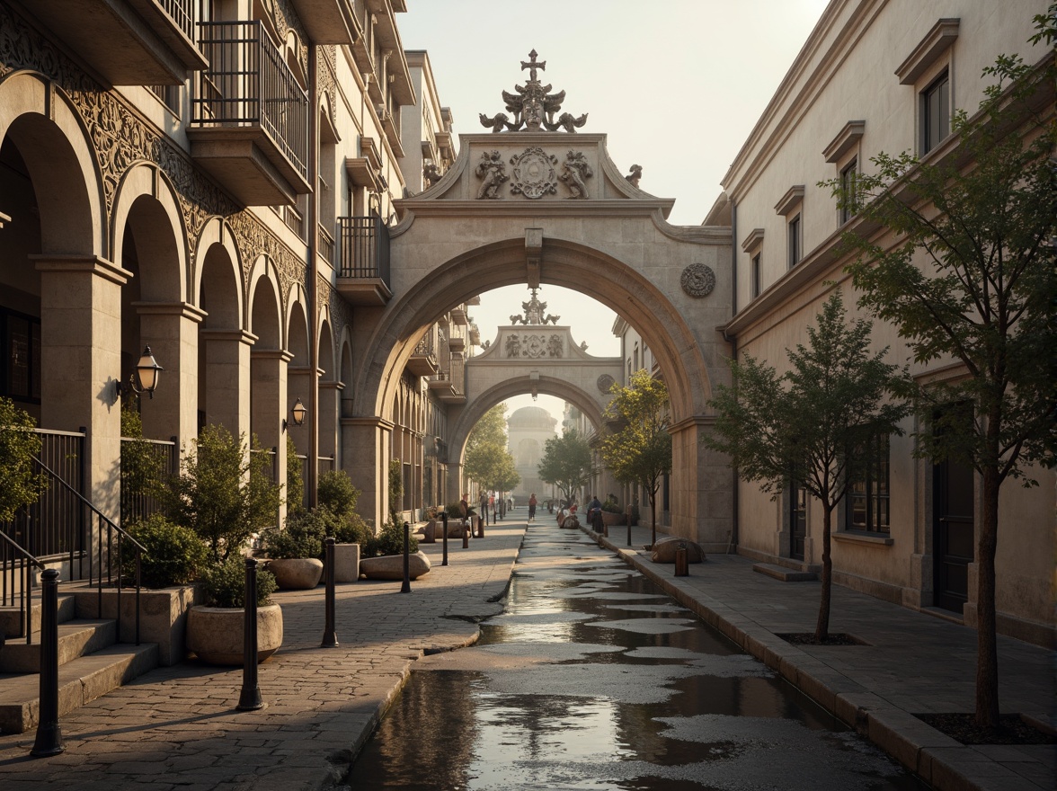 Prompt: Intricate stone carvings, ornate balustrades, grand arches, rustic stonework, weathered statues, mythological creatures, floral patterns, curved railings, decorative lamp posts, cobblestone roads, serene water reflections, soft warm lighting, misty morning atmosphere, 1/2 composition, symmetrical framing, realistic textures, ambient occlusion.