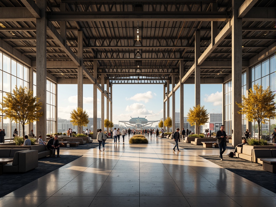 Prompt: Airport terminal, constructivist architecture, exposed steel beams, industrial chic, polished concrete floors, minimalist seating areas, sleek metal columns, geometric patterns, futuristic lighting fixtures, airy high ceilings, large glass windows, panoramic views, bustling atmosphere, dynamic crowd movement, warm color tones, ambient occlusion, shallow depth of field, 3/4 composition, realistic textures.