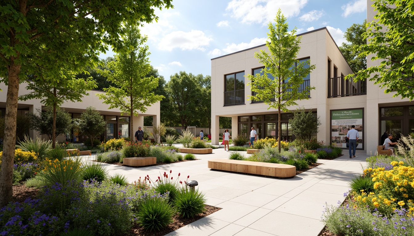 Prompt: Vibrant community center courtyard, lush greenery, blooming flowers, meandering walkways, natural stone seating areas, wooden benches, educational signage, modern architecture, large windows, glass doors, sunny day, soft warm lighting, shallow depth of field, 3/4 composition, panoramic view, realistic textures, ambient occlusion, community gardens, raised planters, outdoor classrooms, public art installations, interactive water features, children's play areas, accessible ramps, sustainable irrigation systems, eco-friendly materials, innovative stormwater management.