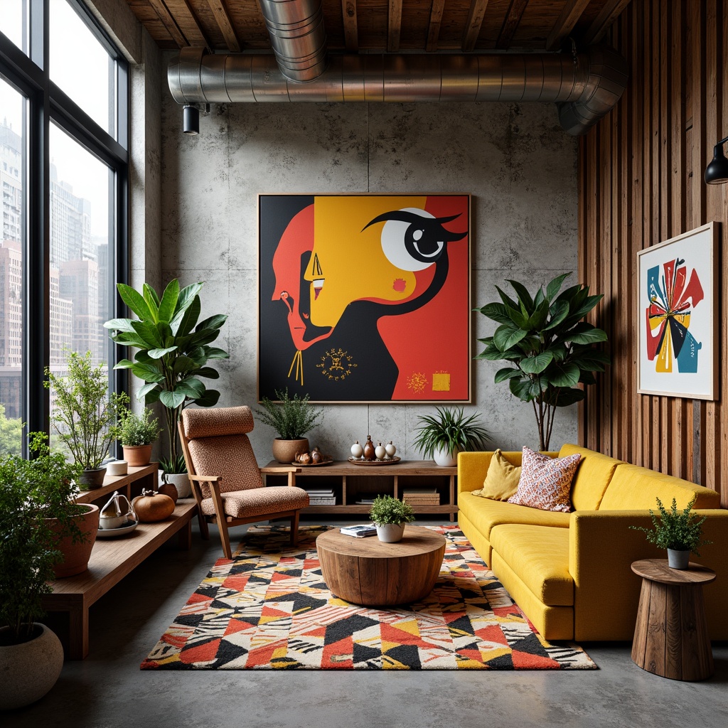 Prompt: Vibrant artistic studio, eclectic furniture, abstract artwork, bold color blocking, contrasting textures, rich wood accents, industrial metal fixtures, natural stone flooring, oversized windows, soft diffused lighting, warm atmospheric glow, 3/4 composition, intimate close-up shots, realistic material rendering, ambient occlusion.