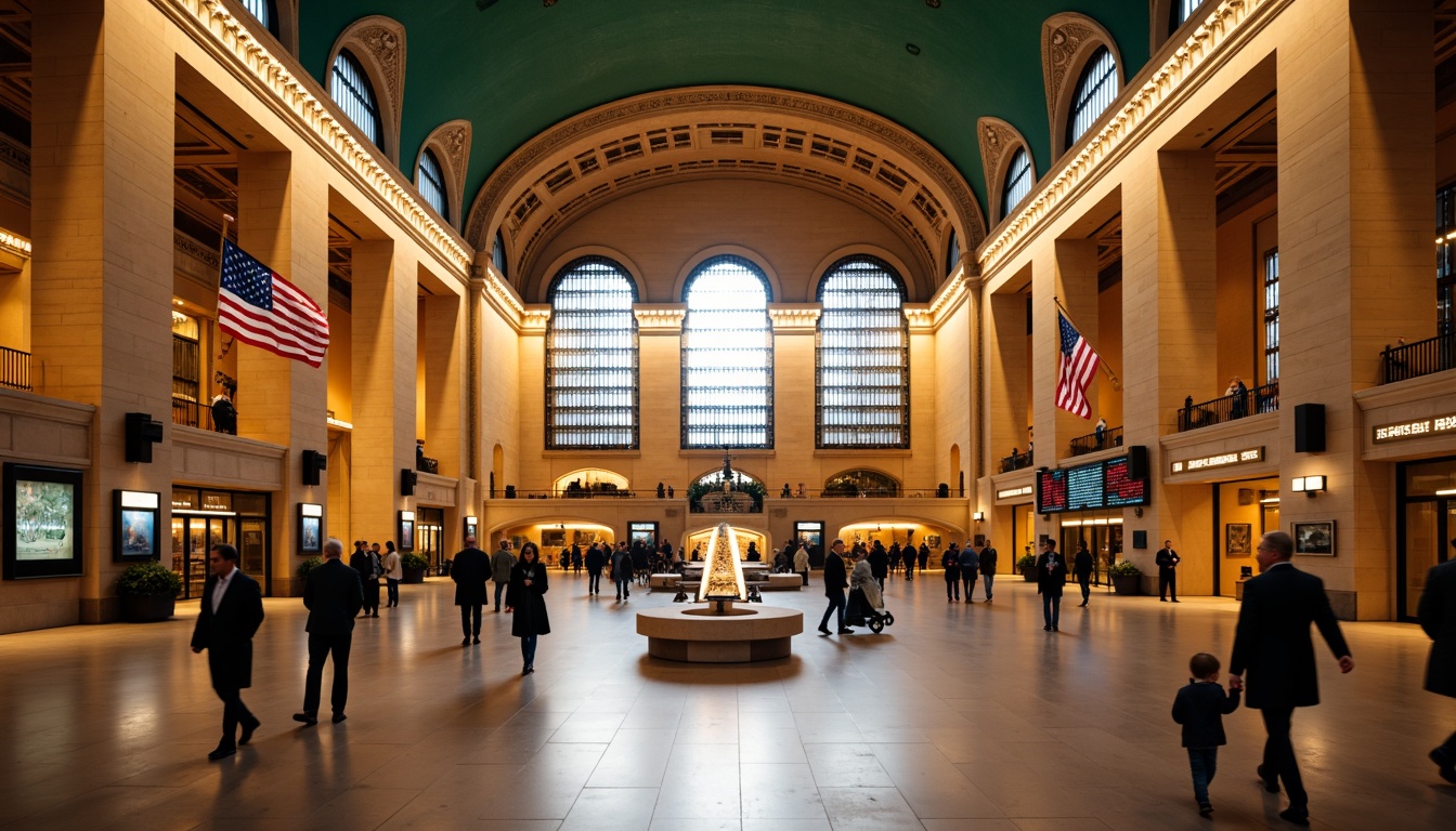 Prompt: Grand central station, ornate ironwork, intricate mosaics, vaulted ceilings, majestic archways, luxurious chandeliers, polished marble floors, elegant staircases, sophisticated signage, bustling atmosphere, morning rush hour, warm golden lighting, shallow depth of field, 1/2 composition, symmetrical framing, realistic textures, ambient occlusion.