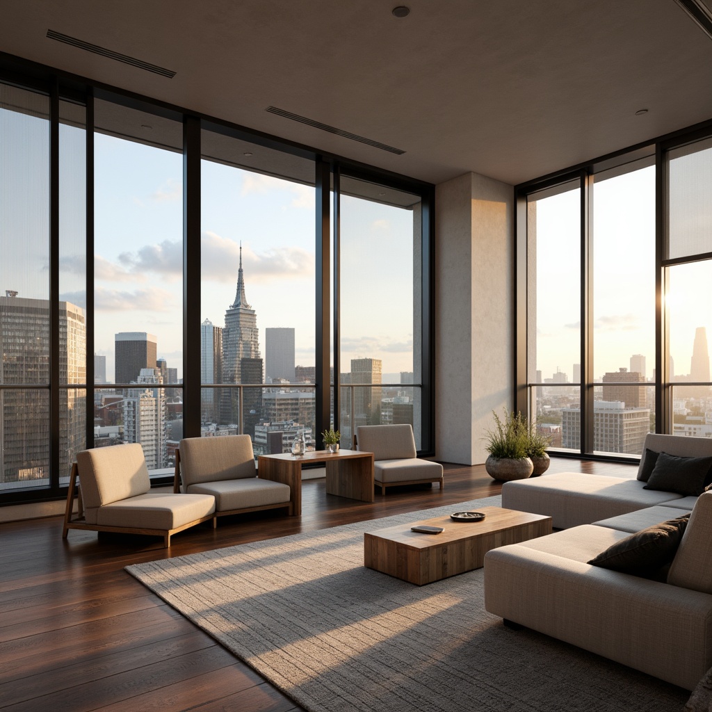 Prompt: Minimalist living room, floor-to-ceiling windows, sleek metal frames, automated blinds, solar shades, thermal insulation, energy-efficient glazing, soundproofing technology, urban cityscape views, morning sunlight, soft warm lighting, shallow depth of field, 3/4 composition, panoramic view, realistic textures, ambient occlusion, modern interior design, luxurious fabrics, subtle patterns, metallic accents.