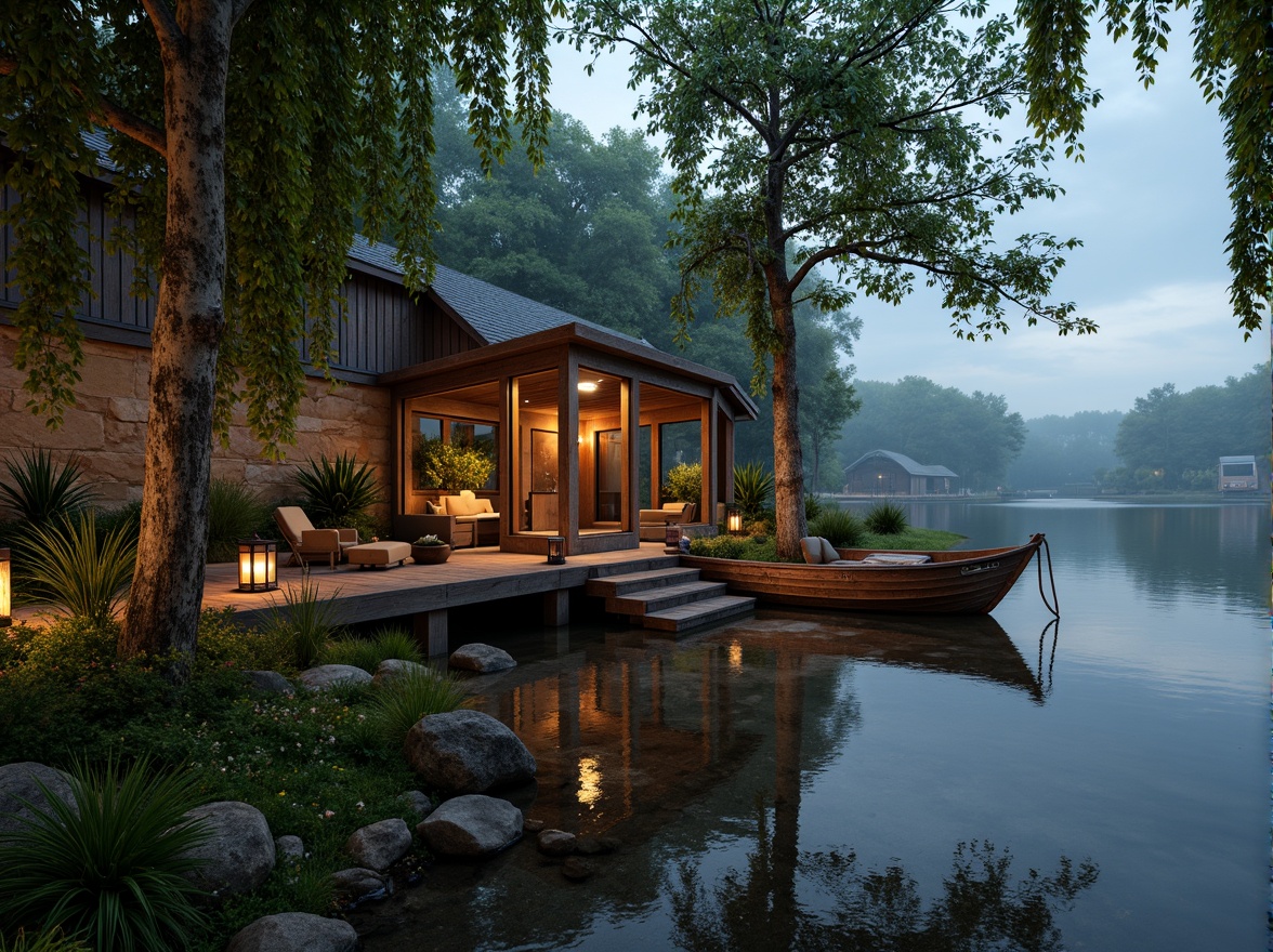 Prompt: Rustic boathouse, wooden dock, serene lakefront, lush greenery, overhanging trees, natural stone walls, weathered wood accents, nautical ropes, lantern-style lighting, warm golden tones, soft misty atmosphere, shallow depth of field, 1/1 composition, symmetrical framing, realistic water reflections, ambient occlusion.