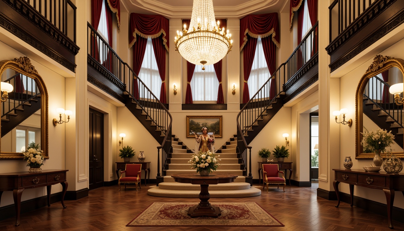 Prompt: Elegant mansion, grand foyer, sweeping staircase, ornate chandeliers, rich wood paneling, luxurious velvet drapes, antique furniture pieces, intricate carvings, gilded frames, soft warm lighting, shallow depth of field, 1/1 composition, realistic textures, ambient occlusion, symmetrical layout, balanced proportions, harmonious color palette, cream-colored walls, dark hardwood floors, ornate mirrors, lavish textiles, subtle patterns.